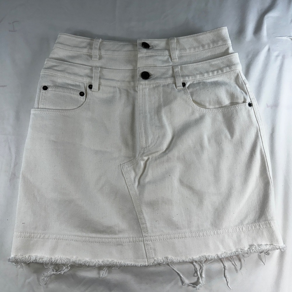 Significant Other White Denim Mini Skirt Double Waistband Raw Hem Size 4/27